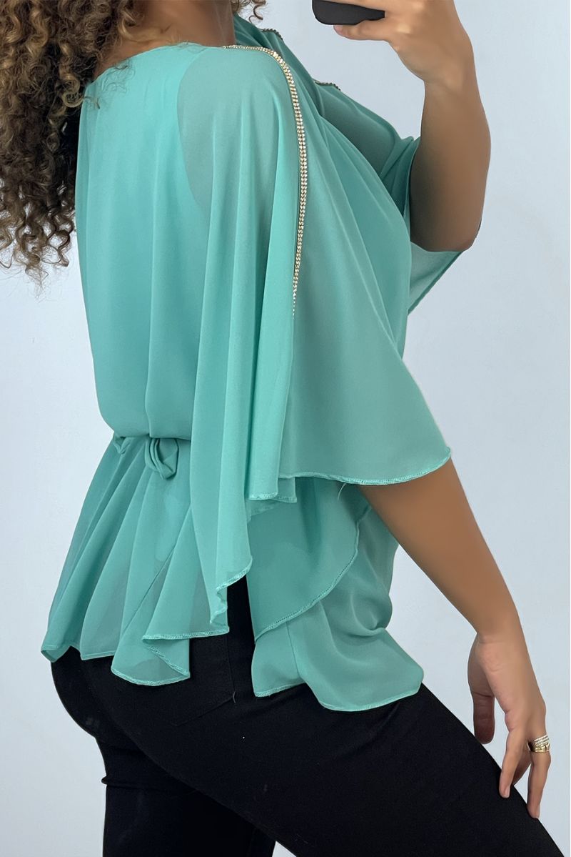 Zeegroene top met vleermuismouwen, ceintuur in de taille - 3 Zeegroene top met vleermuismouwen, ceintuur in de taille - 3