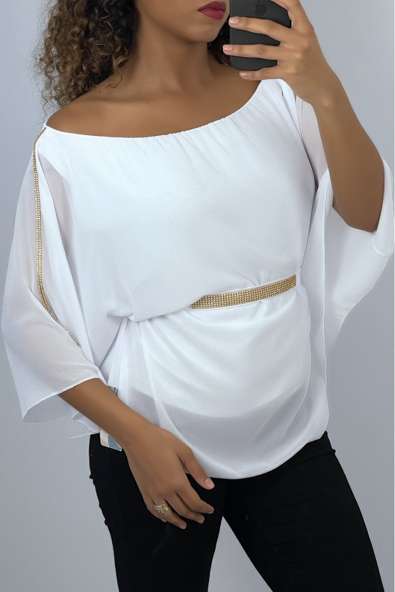 Witte top met vleermuismouwen, ceintuur in de taille - 1 Witte top met vleermuismouwen, ceintuur in de taille - 1