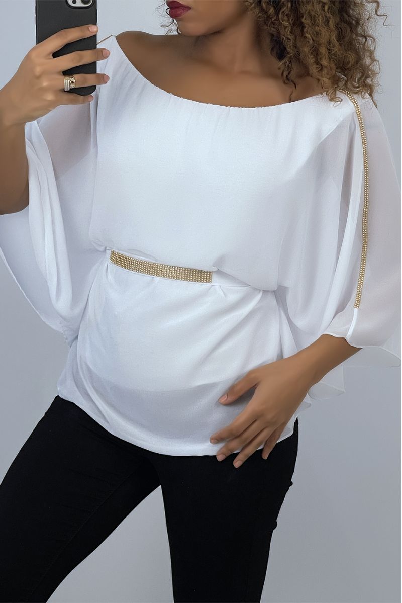 Witte top met vleermuismouwen, ceintuur in de taille - 3 Witte top met vleermuismouwen, ceintuur in de taille - 3
