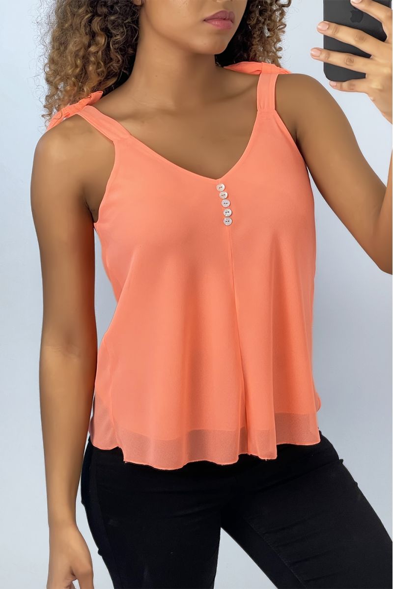 Koraalkleurige tanktop met strikbandjes V-hals - 1