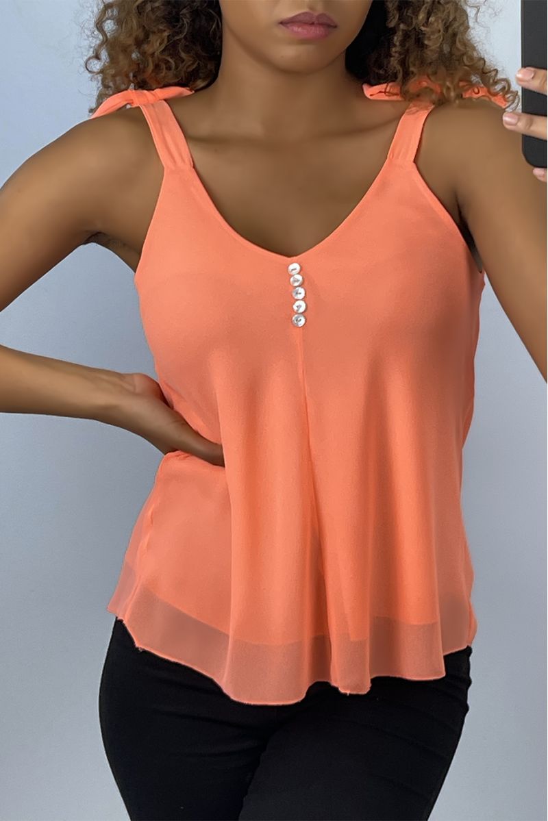 Koraalkleurige tanktop met strikbandjes V-hals - 3