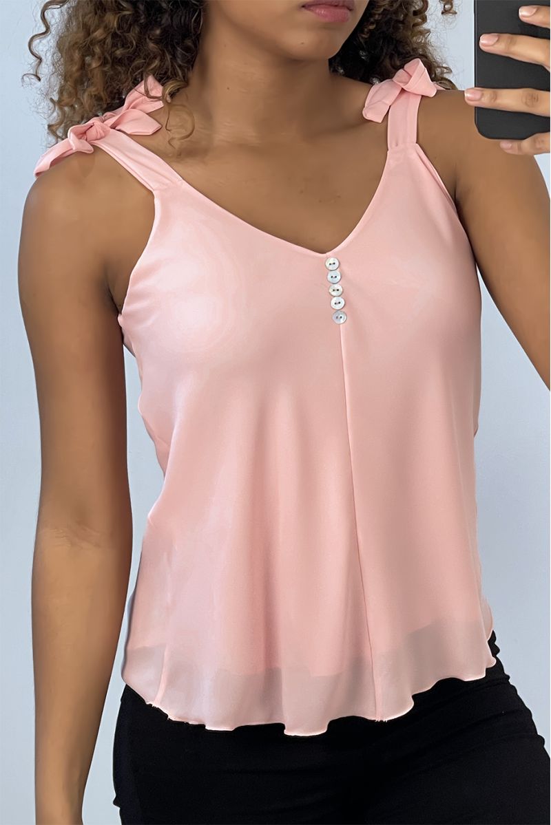 Roze tanktop met strikbandjes V-hals - 1 Roze tanktop met strikbandjes V-hals - 1