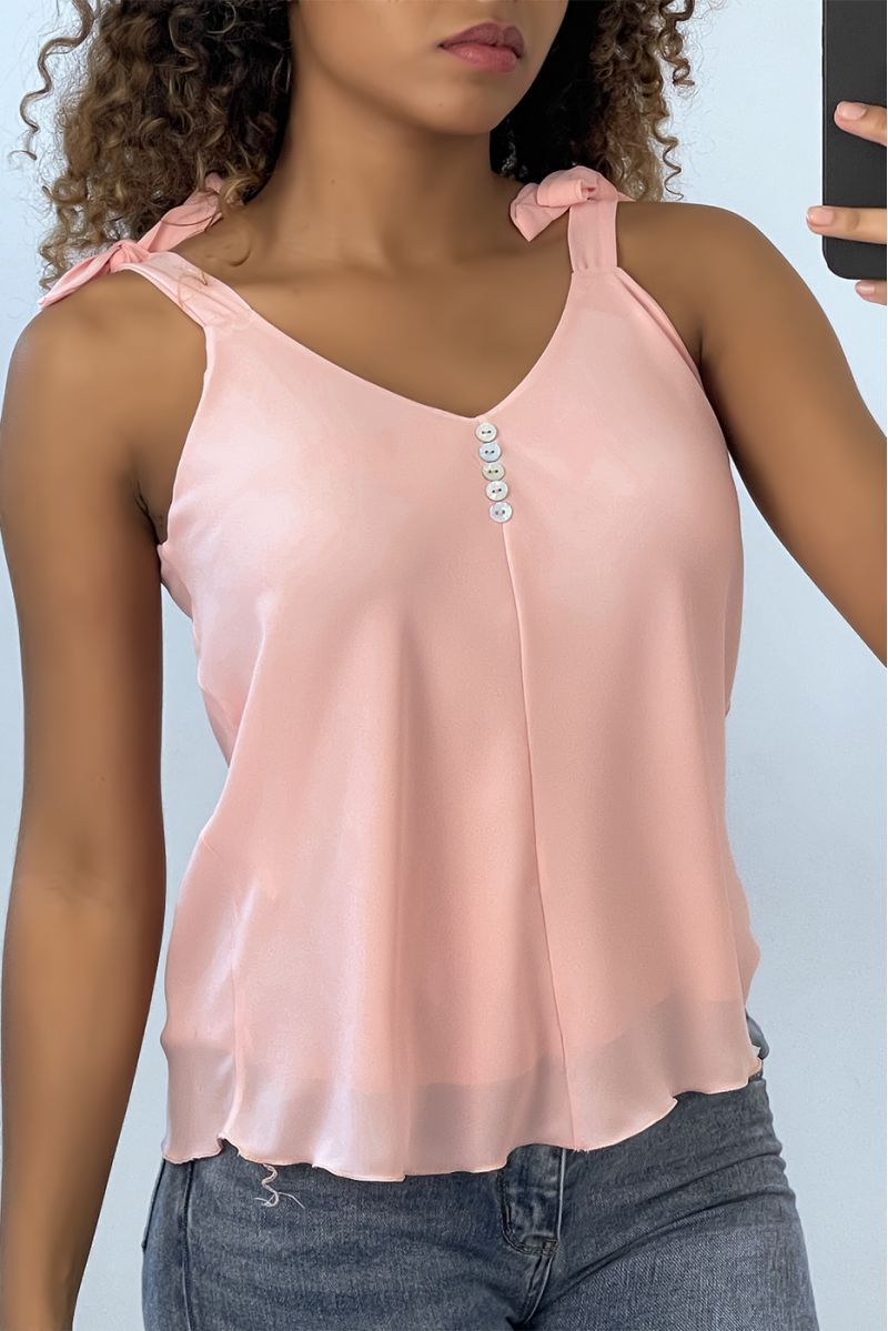 Roze tanktop met strikbandjes V-hals - 4 Roze tanktop met strikbandjes V-hals - 4