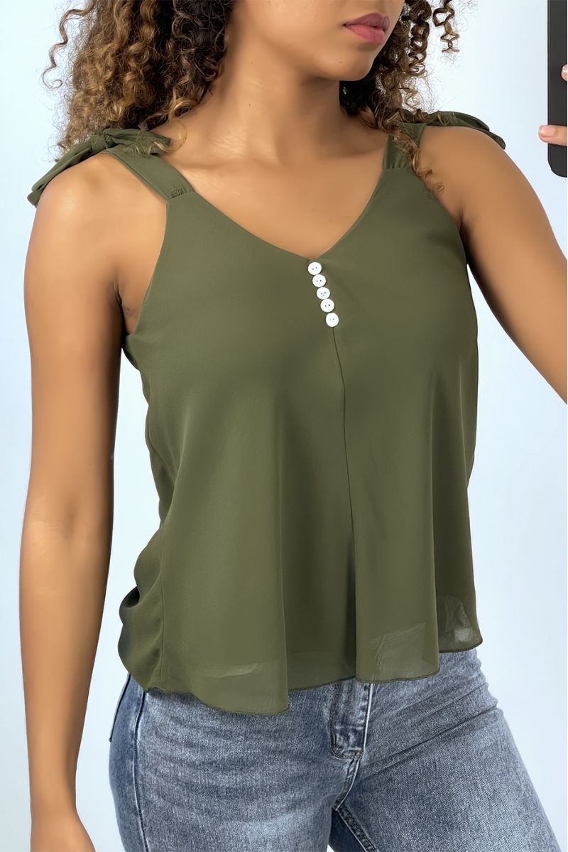 Khaki tank top with tie straps V-neck - 1