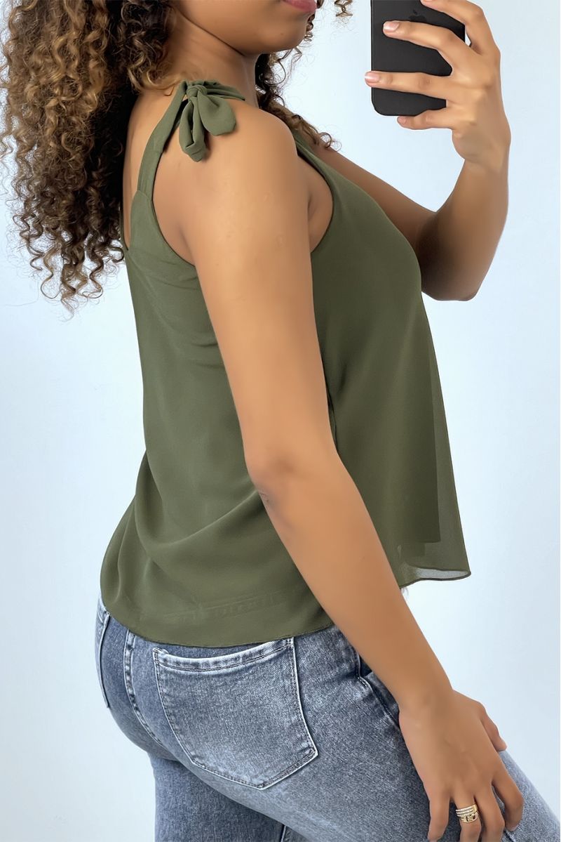 Khaki tank top with tie straps V-neck - 2