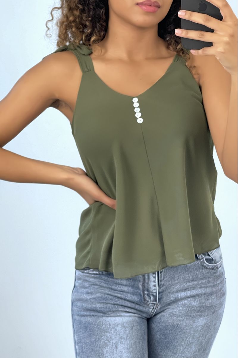 Khaki tank top with tie straps V-neck - 3