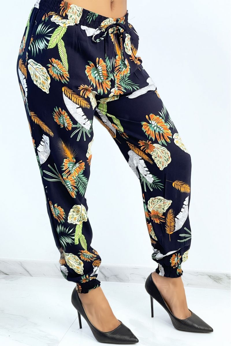 Fluid navy trousers with foliage pattern - 2