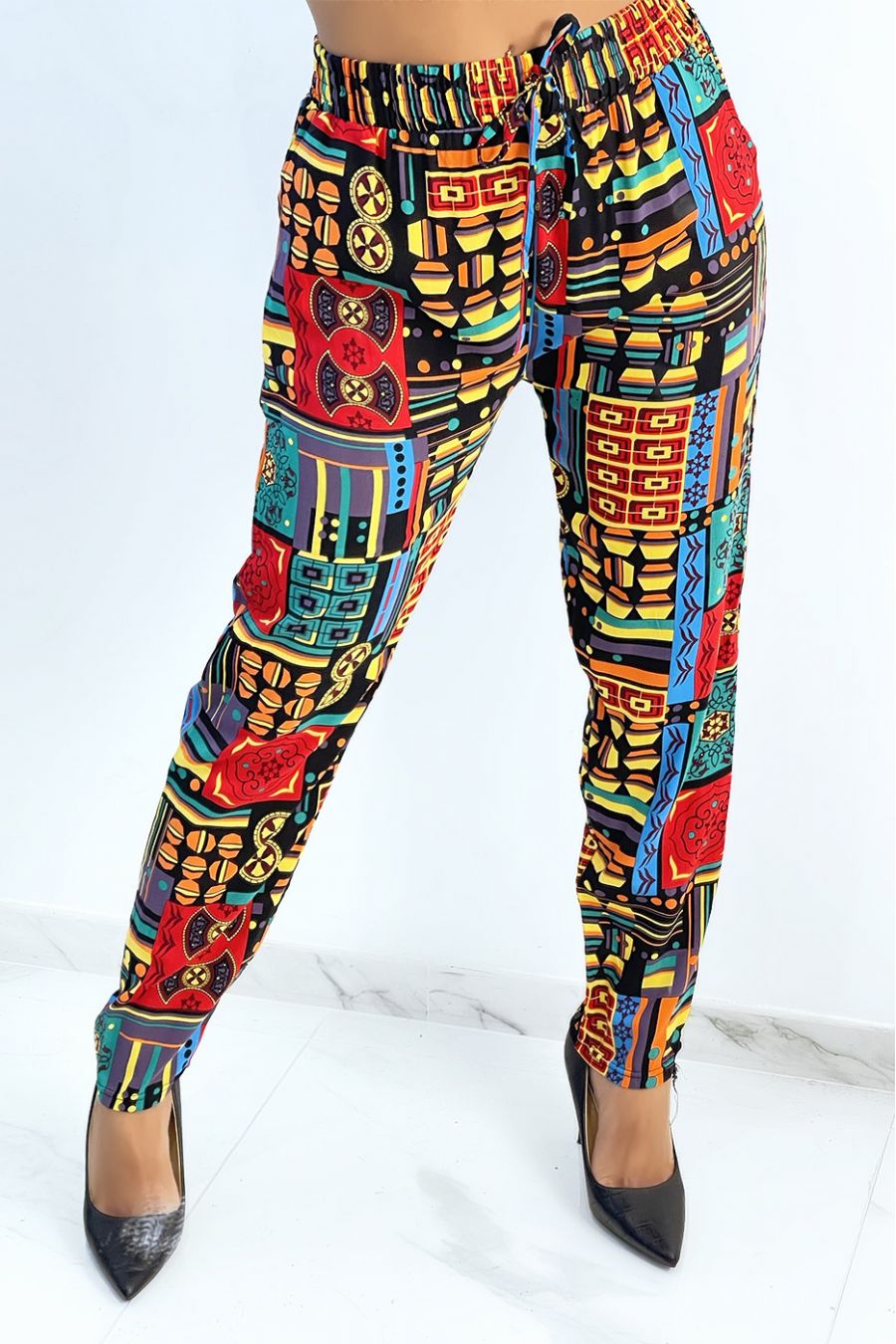 Pantalon fluide vert à imprimé multi-color