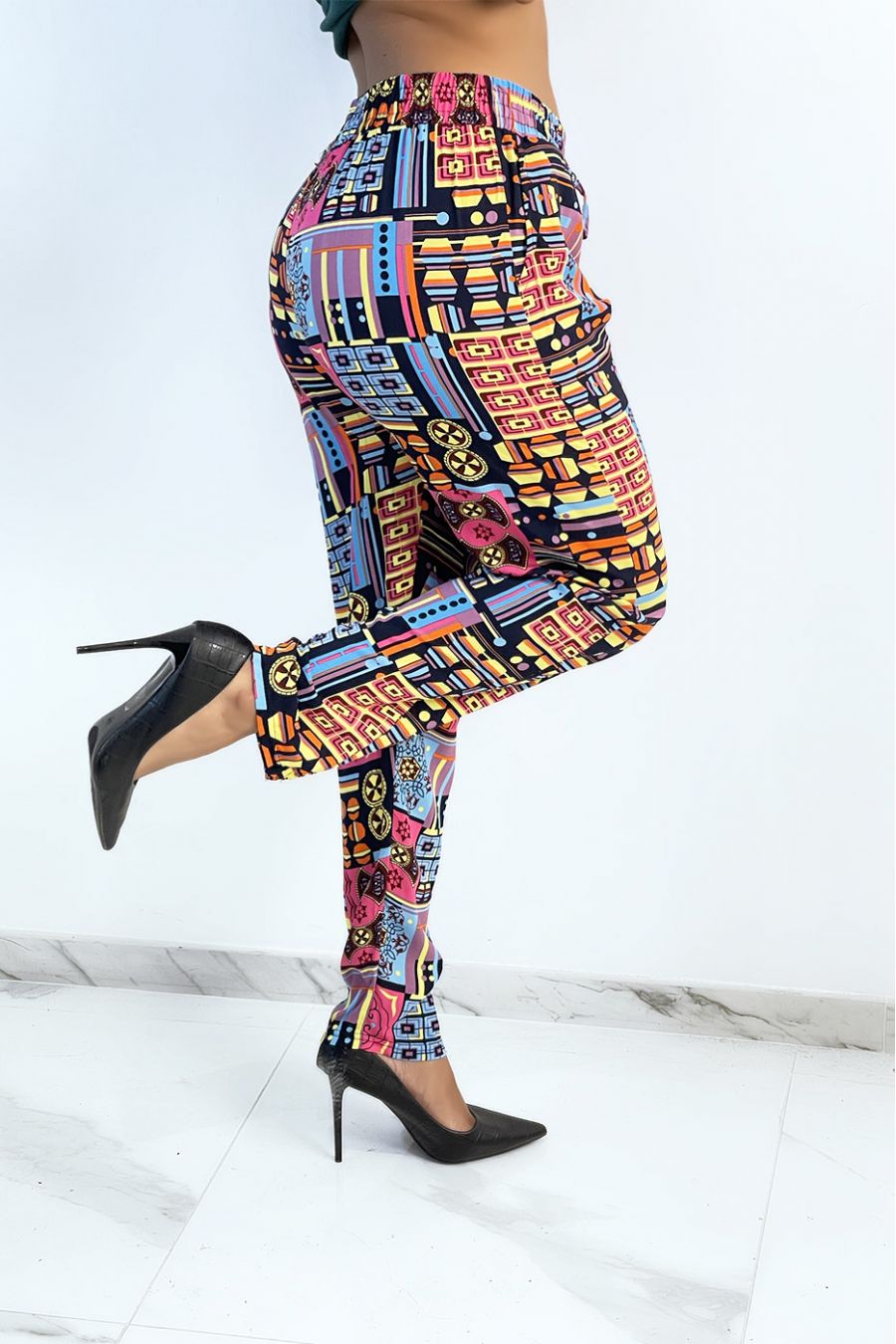 Fluid blue pants with multi-color print - 3