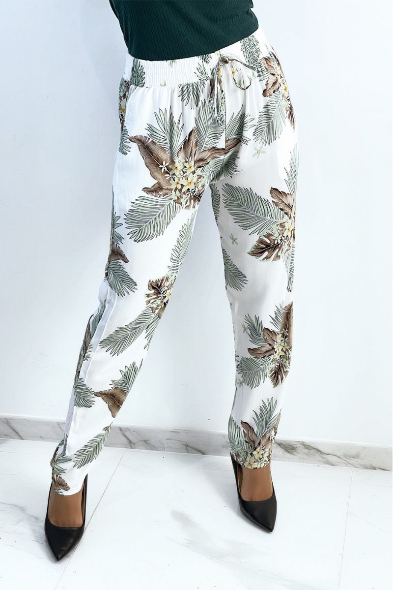 White fluid pants with foliage and floral print - 1