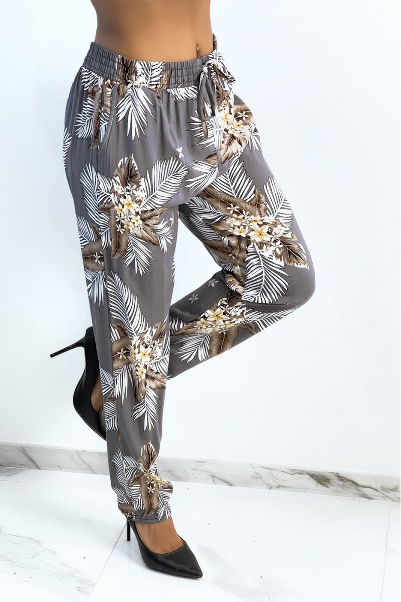 Gray fluid pants with foliage and floral print - 1
