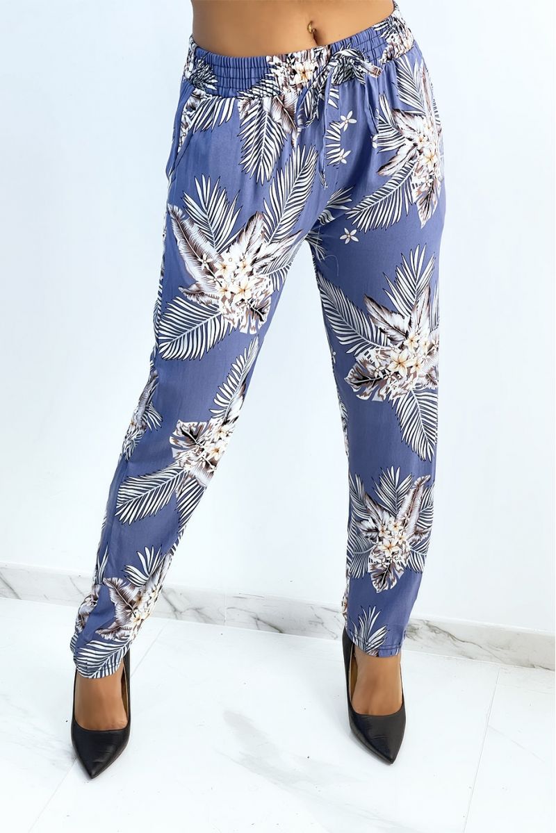 Fluid indigo trousers with foliage and floral print - 1