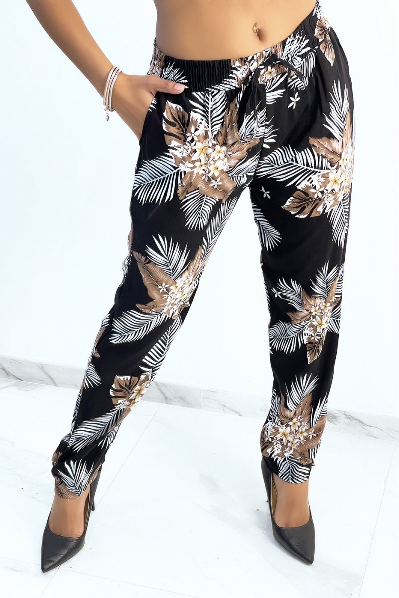 Black fluid pants with foliage and floral print - 3