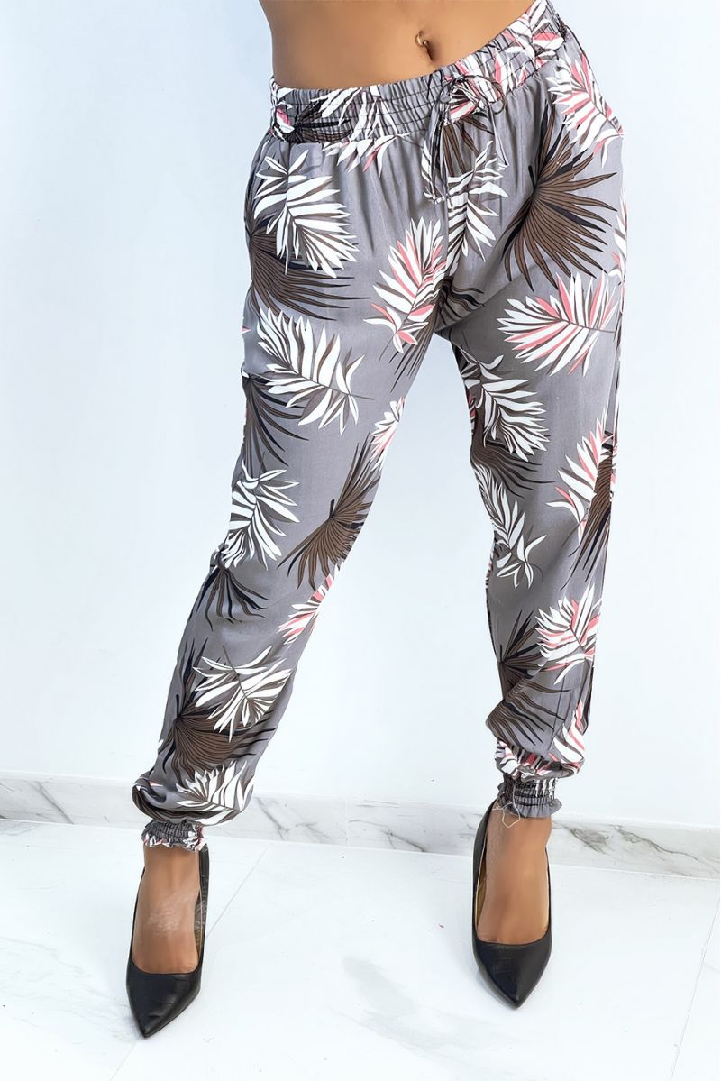 Pantalon ample gris à imprimé feuillage d'automne - 3
