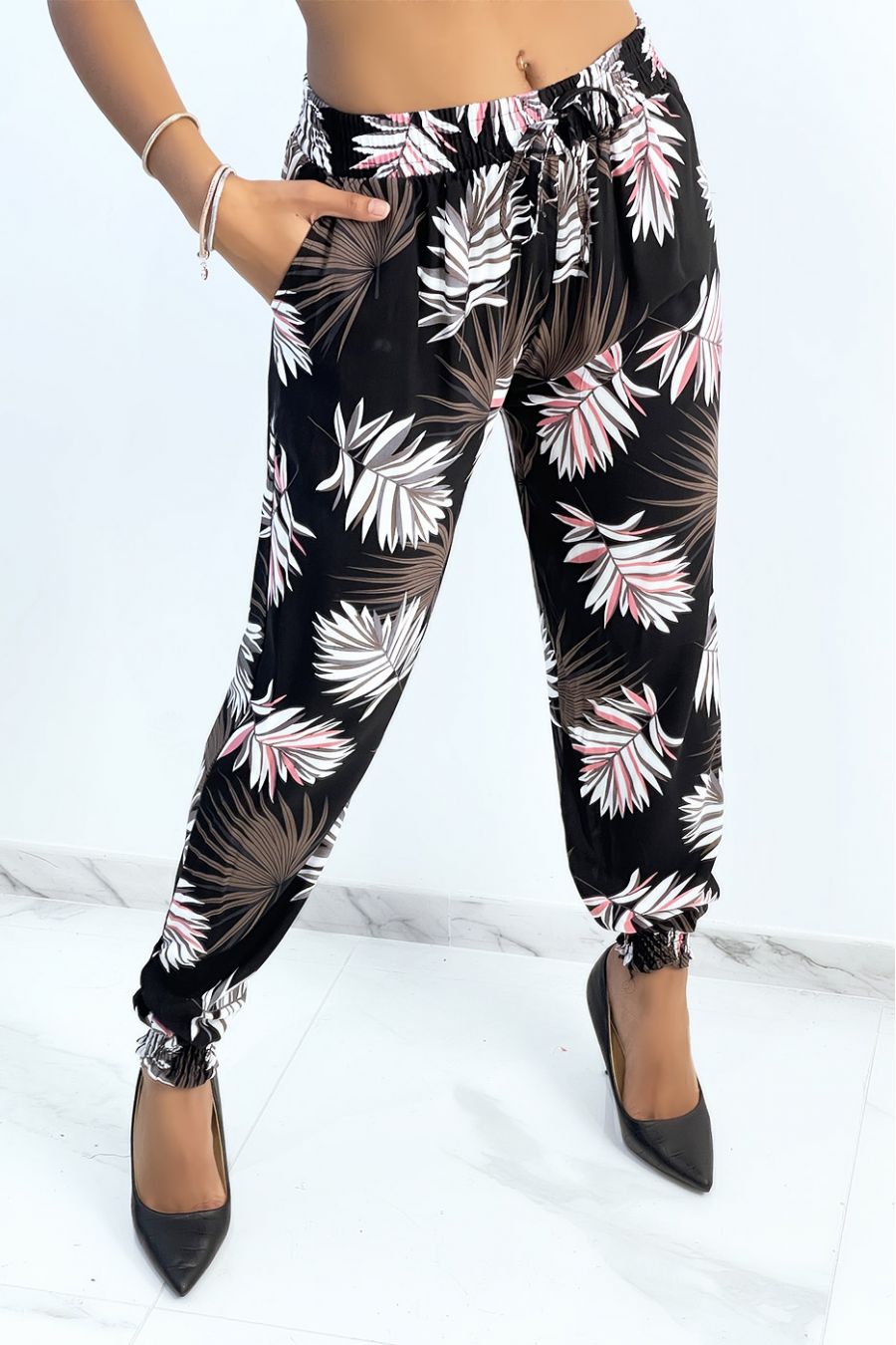 Black Wide Leg Pants With Fall Foliage Print - 1