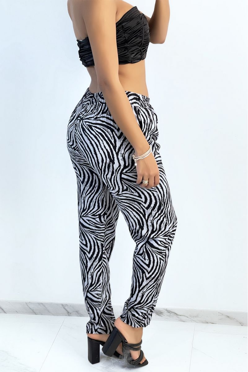 Flowing anthracite straight-cut trousers with zebra print tightened at the ankles - 3