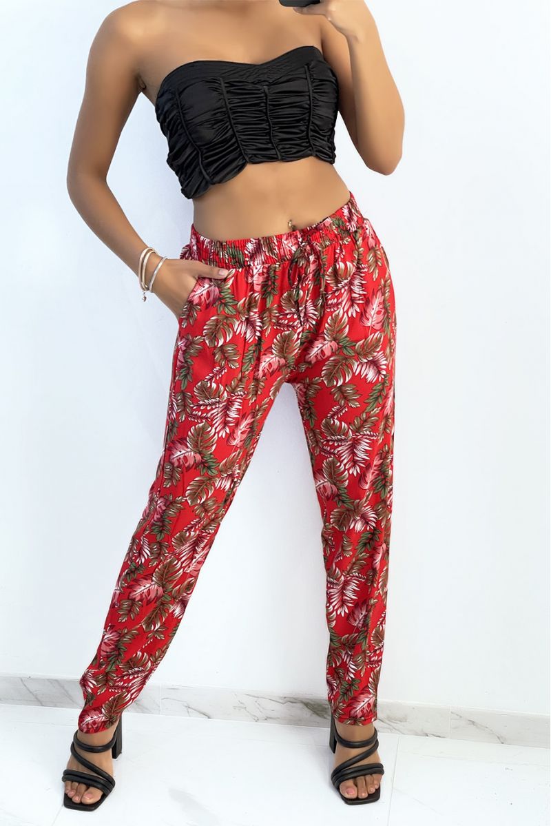 Fluid red straight-cut pants with colorful foliage print - 1