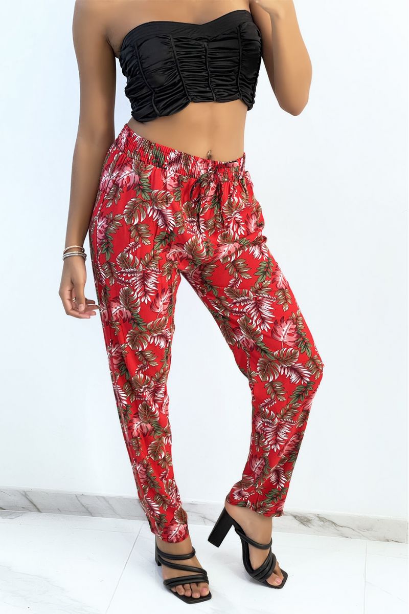 Fluid red straight-cut pants with colorful foliage print - 2