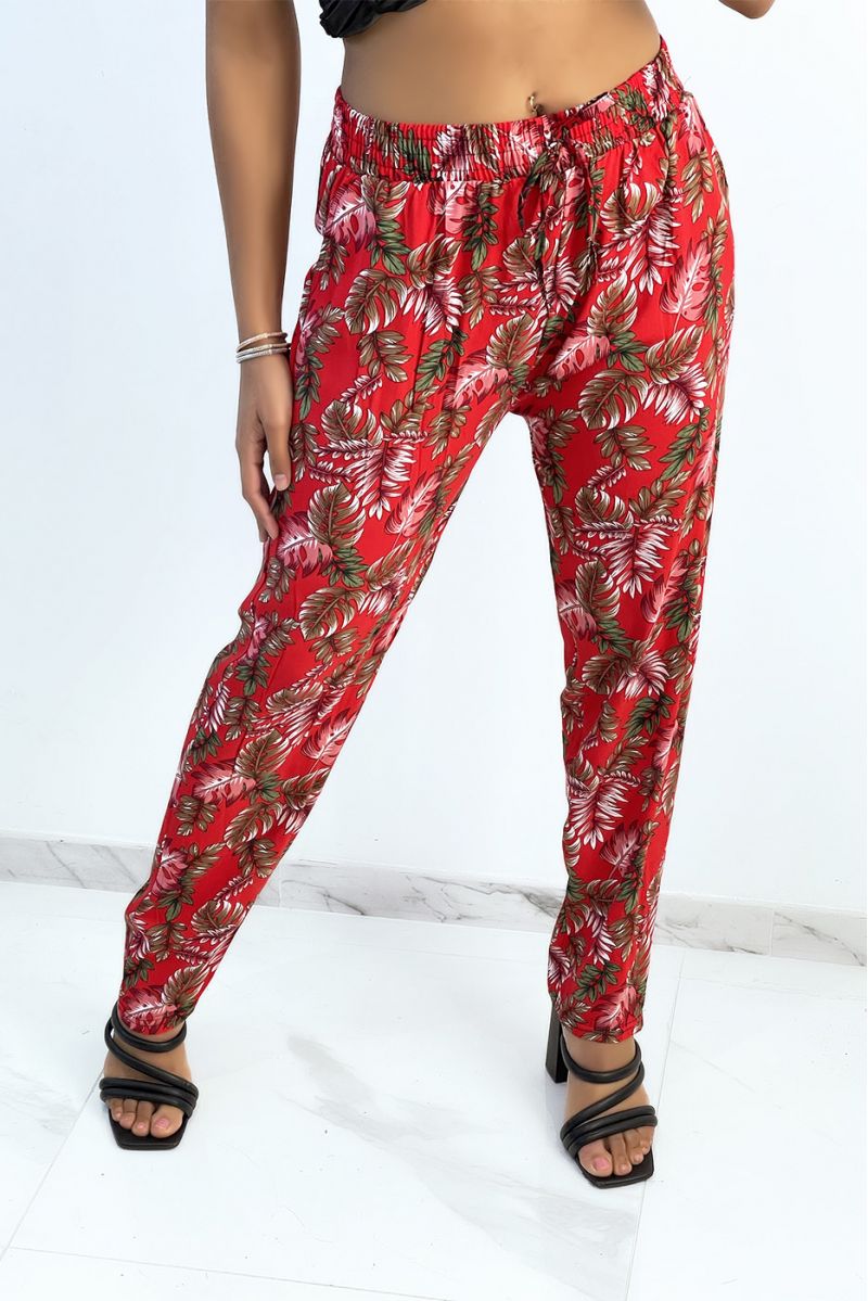Fluid red straight-cut pants with colorful foliage print - 3