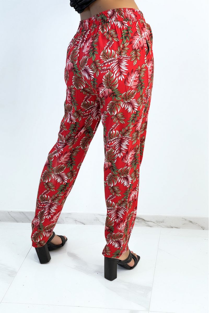 Fluid red straight-cut pants with colorful foliage print - 4