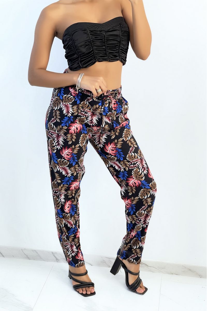 Straight-cut fluid black trousers with colorful foliage print - 1