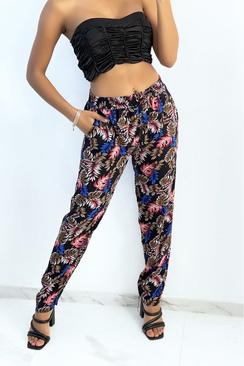 Straight-cut fluid black trousers with colorful foliage print - 2