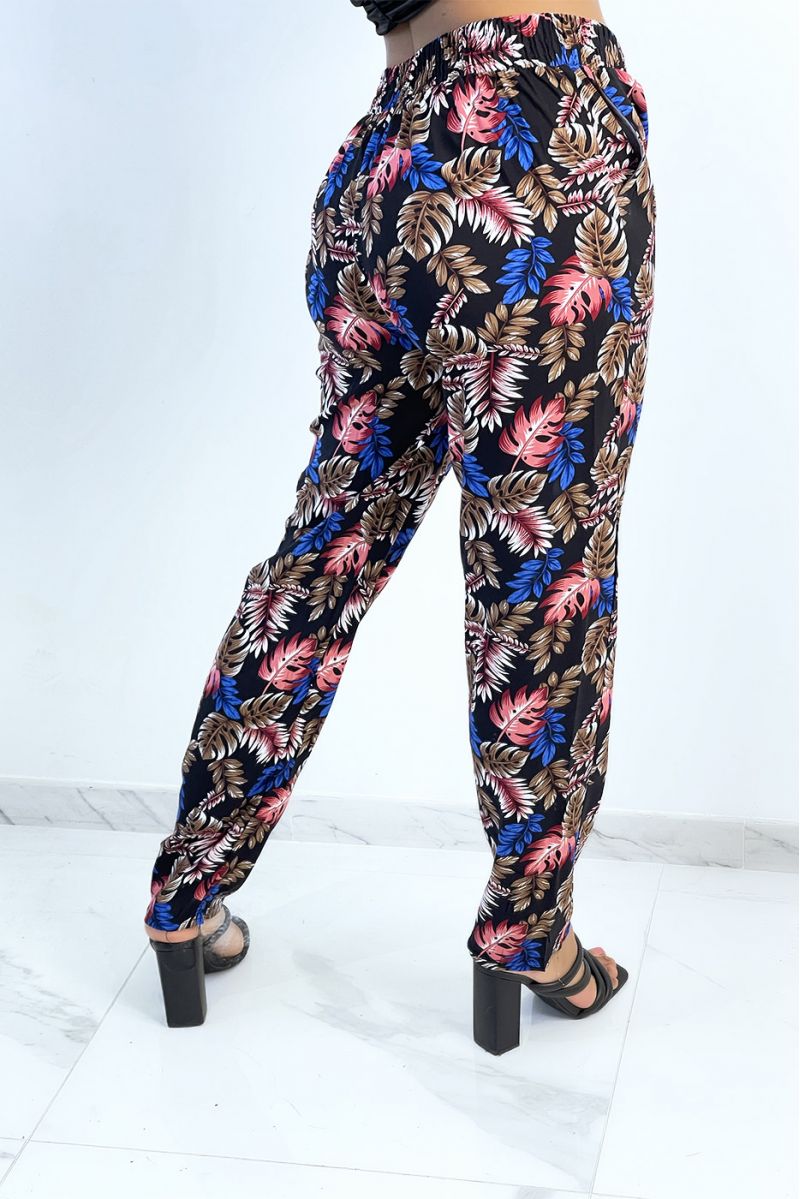 Straight-cut fluid black trousers with colorful foliage print - 4