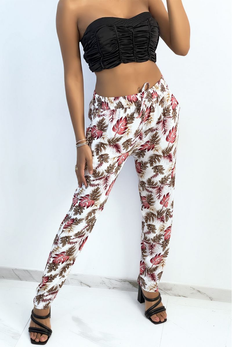 Flowing white straight-cut pants with colorful foliage print - 1