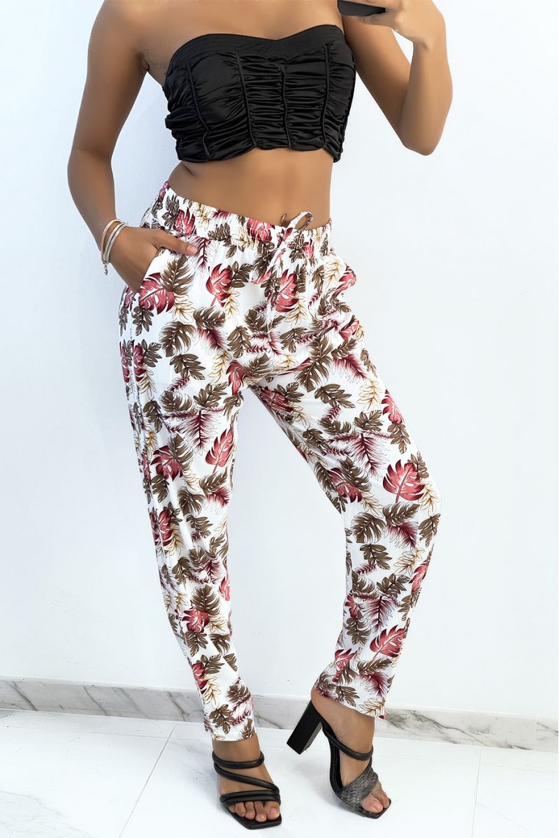 Flowing white straight-cut pants with colorful foliage print - 2