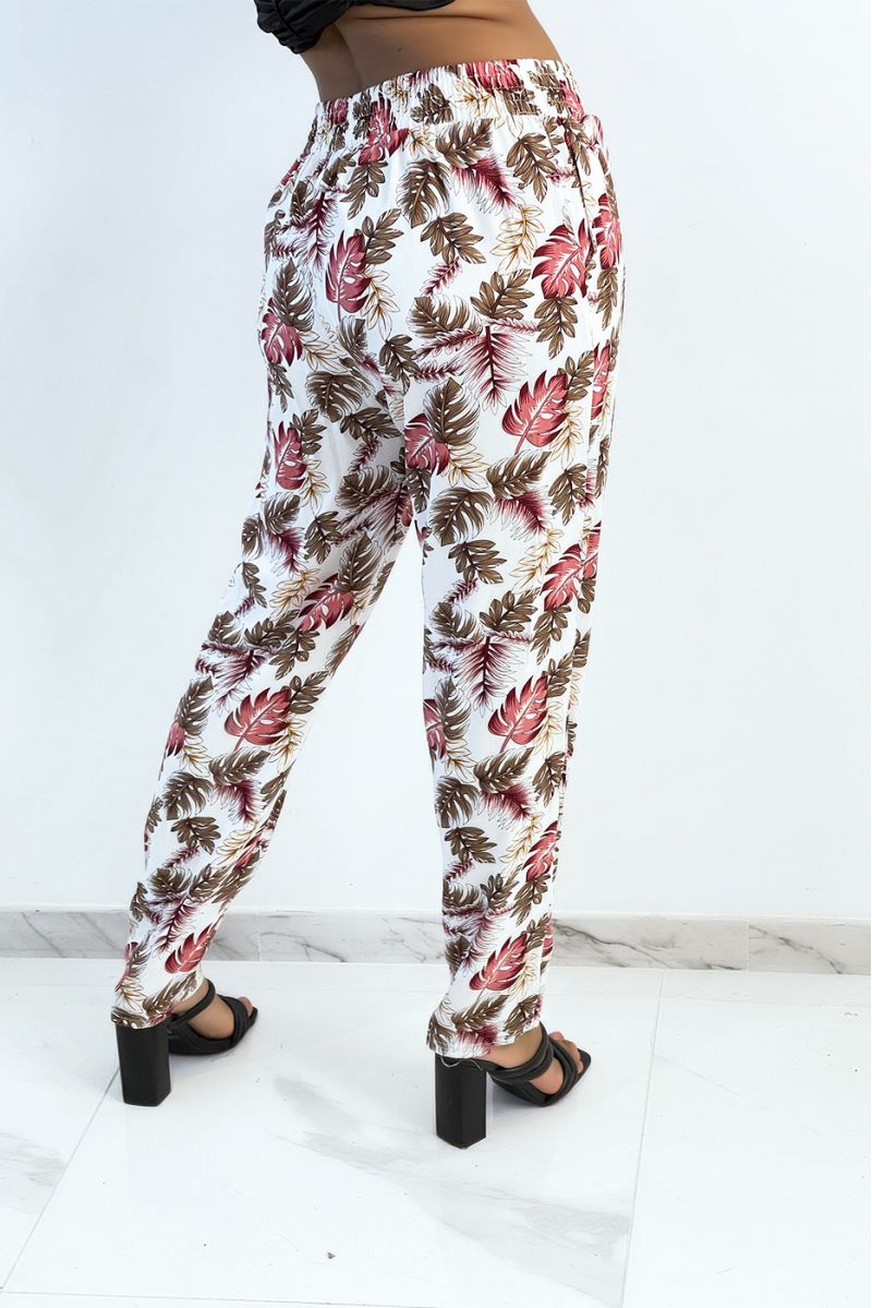 Flowing white straight-cut pants with colorful foliage print - 3
