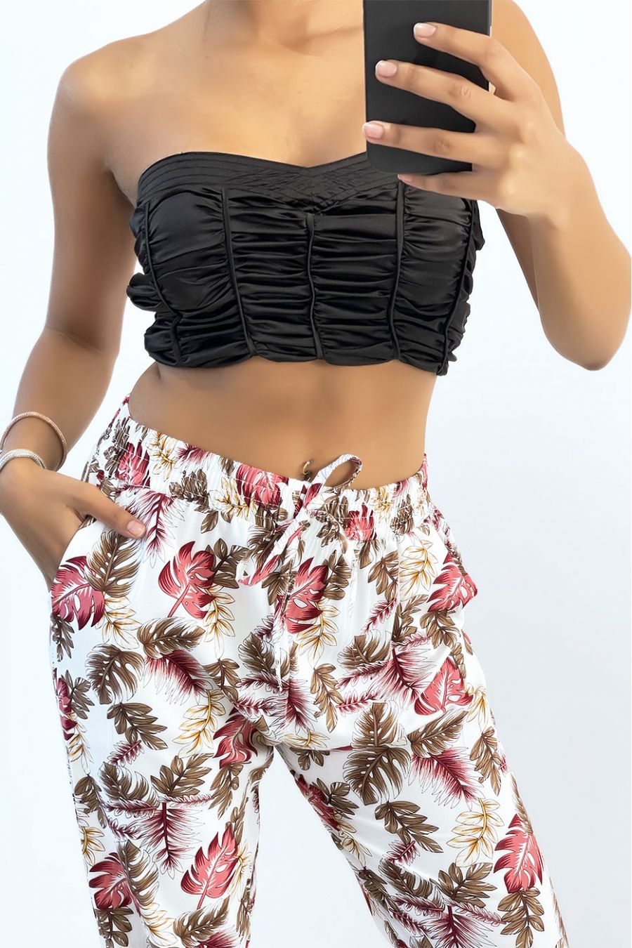 Flowing white straight-cut pants with colorful foliage print - 4