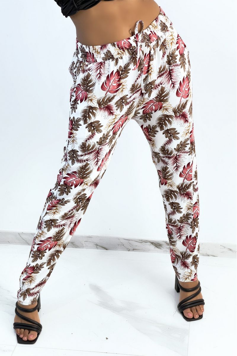 Flowing white straight-cut pants with colorful foliage print - 5