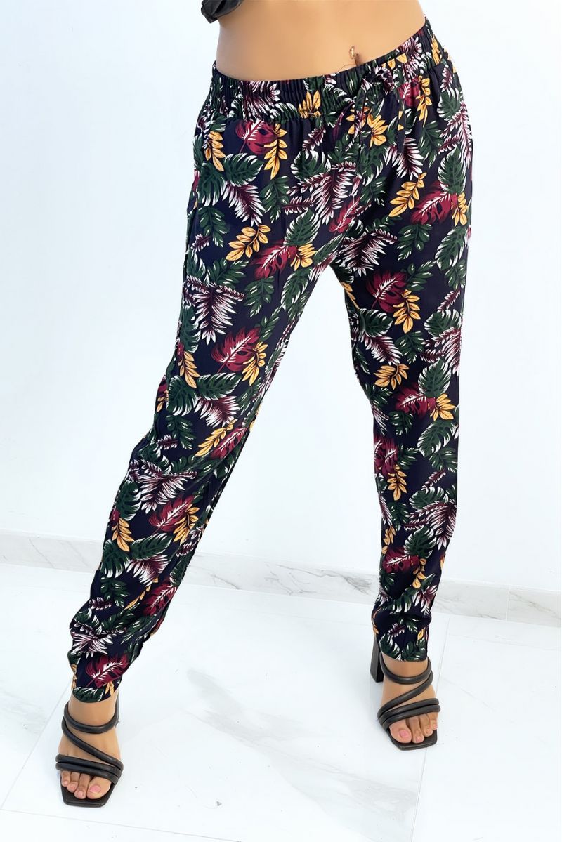 Straight-cut fluid navy pants with colorful foliage print - 3