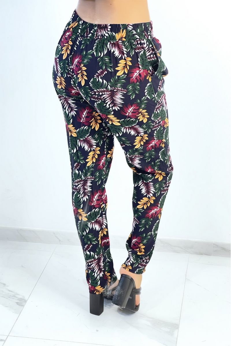 Straight-cut fluid navy pants with colorful foliage print - 4