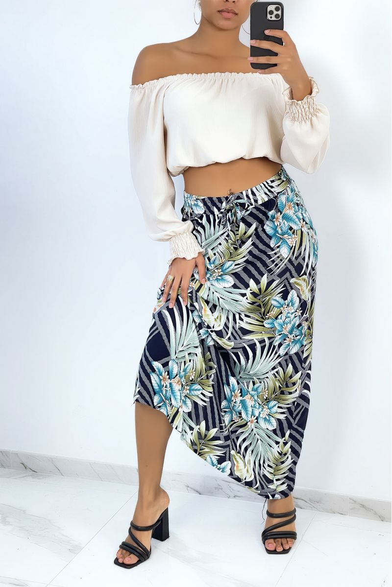 Long flared navy skirt with tropical and floral print - 1