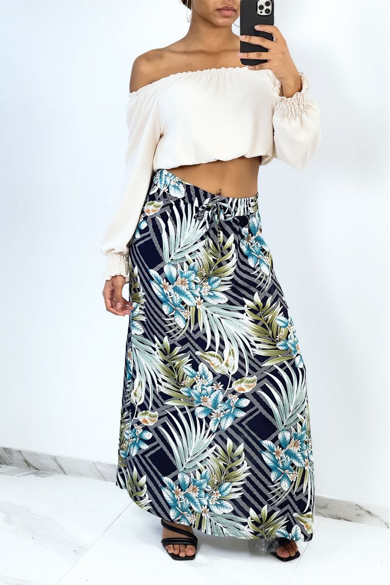 Long flared navy skirt with tropical and floral print - 2