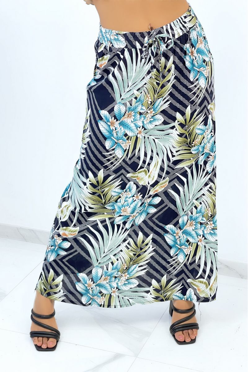 Long flared navy skirt with tropical and floral print - 3