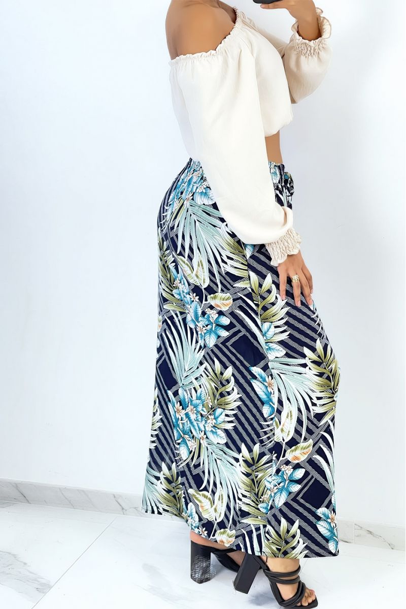 Long flared navy skirt with tropical and floral print - 4
