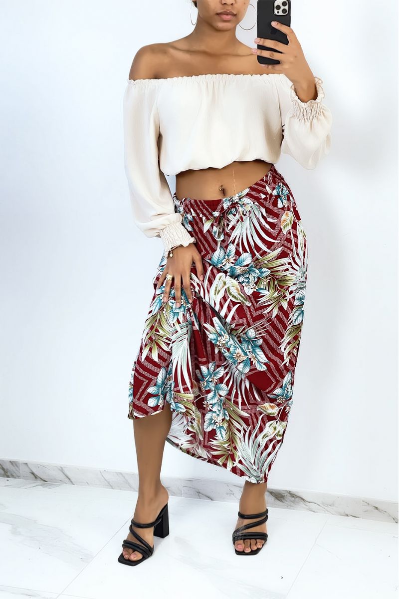 Long burgundy flared skirt with tropical and floral print - 2