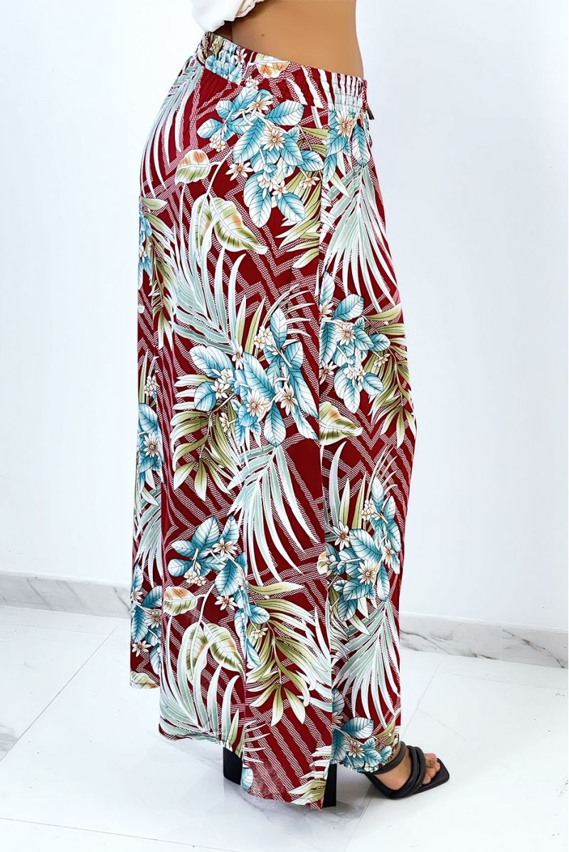 Long burgundy flared skirt with tropical and floral print - 3