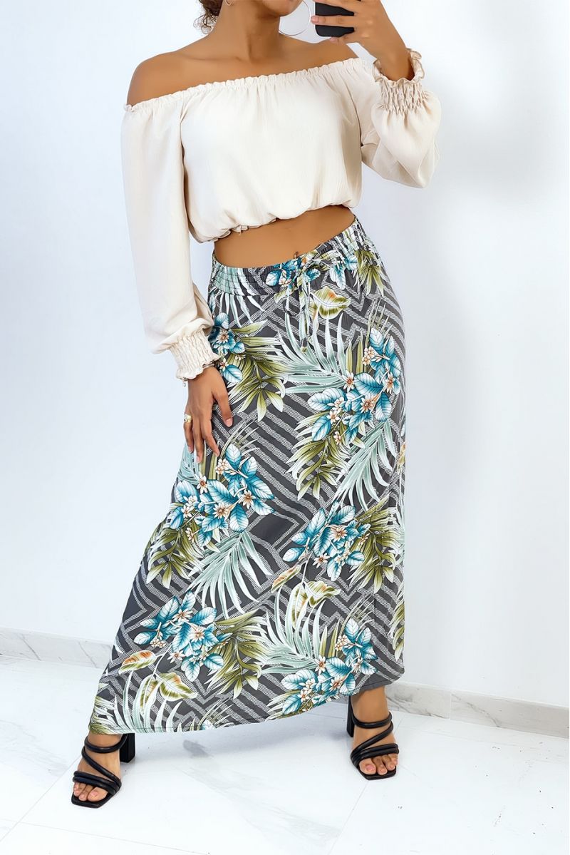 Long gray flared skirt with tropical and floral print - 1