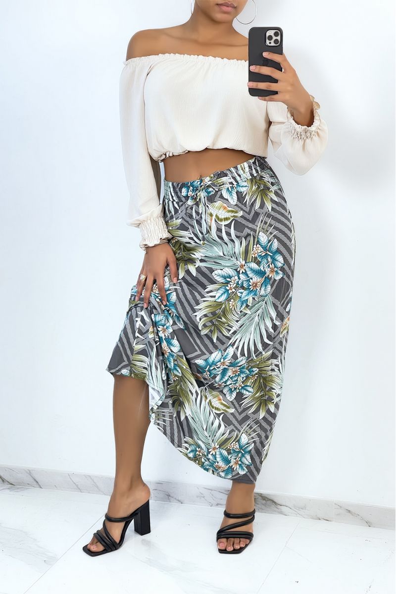 Long gray flared skirt with tropical and floral print - 2
