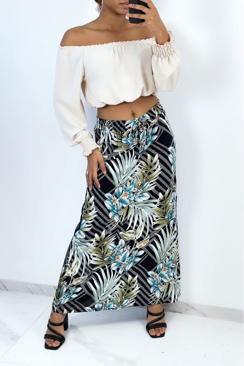 Long black flared skirt with tropical and floral print - 1