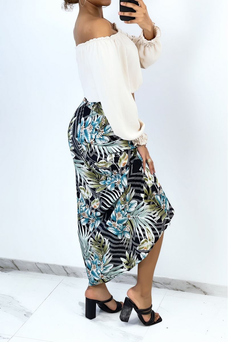 Long black flared skirt with tropical and floral print - 3
