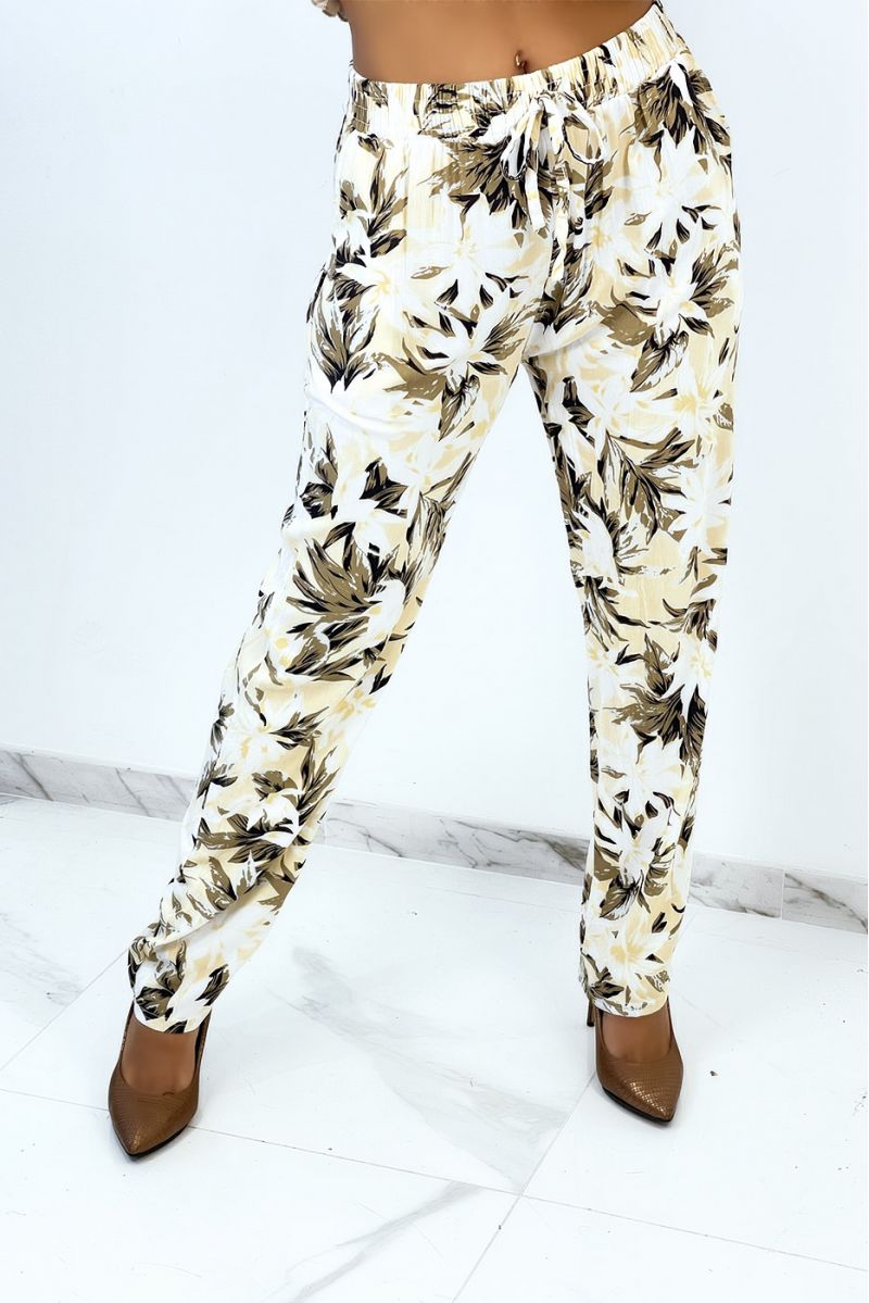 Fluid straight-cut yellow trousers with foliage print - 2