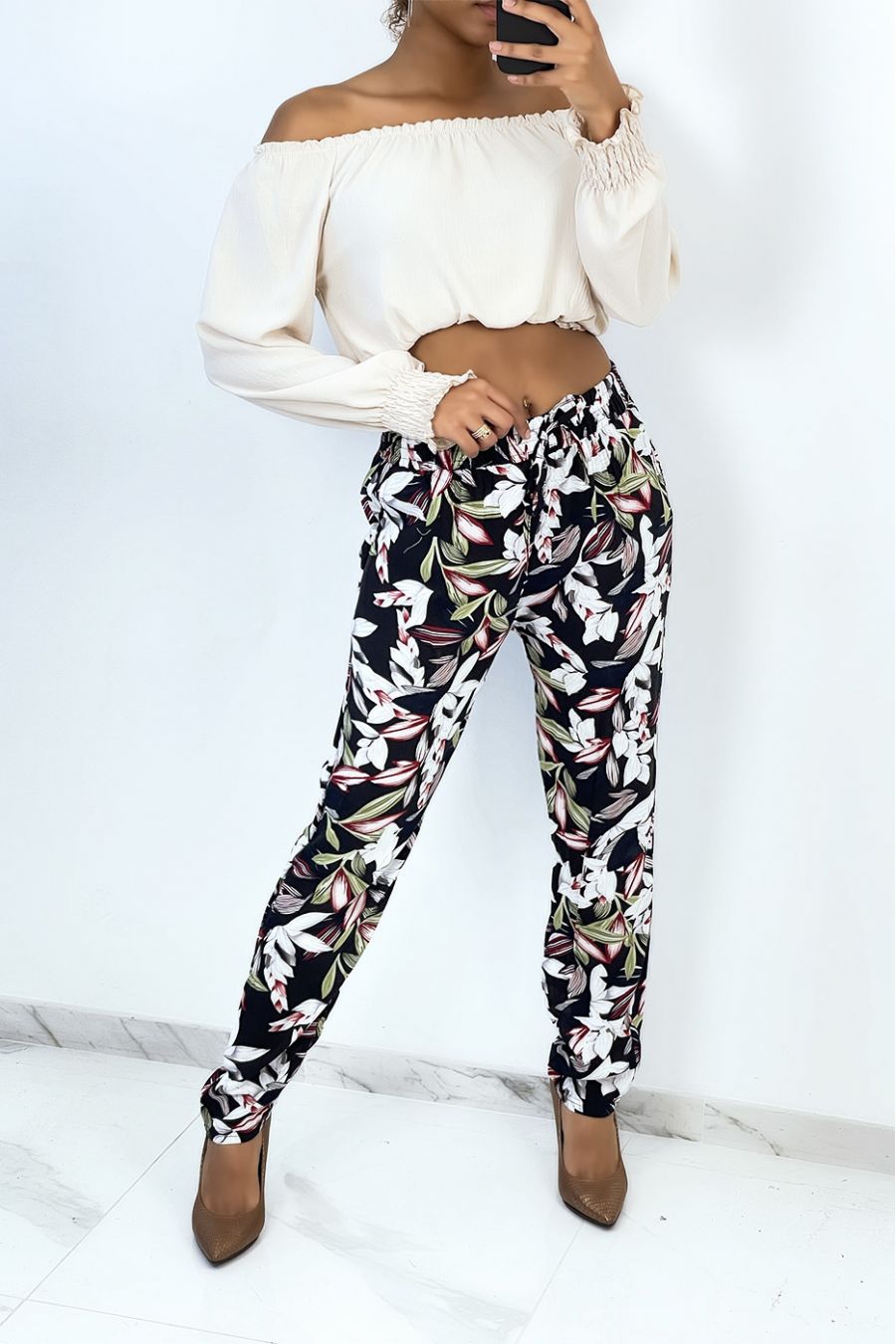 Buy Women White  Green Tropical Print Cropped Cigarette Trousers online   Looksgudin