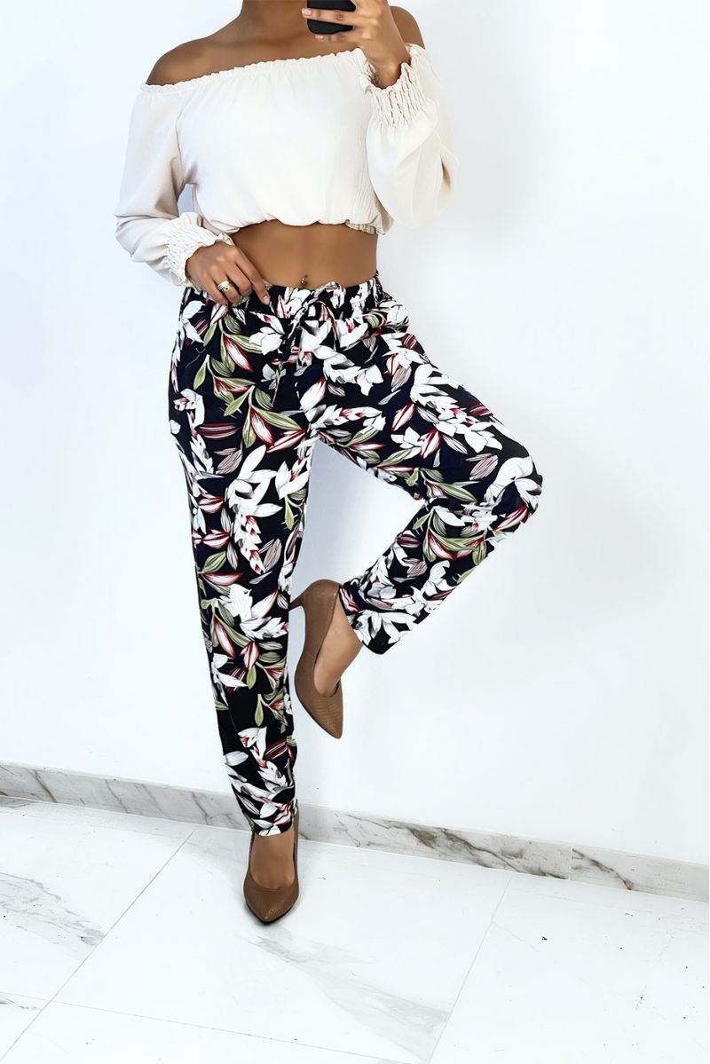 Fluid straight-cut black trousers with foliage print - 2