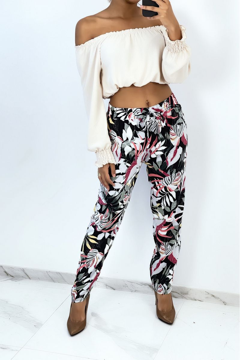 Flowing fuchsia straight-cut trousers with foliage print - 1