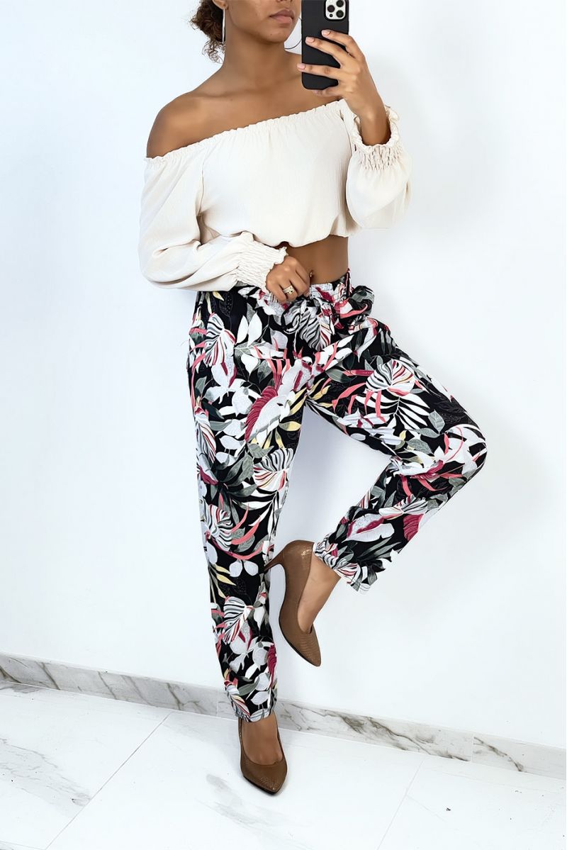 Flowing fuchsia straight-cut trousers with foliage print - 2
