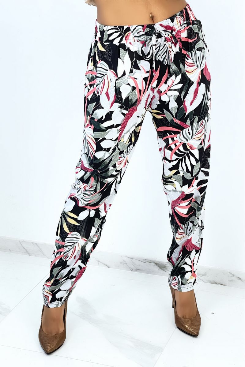 Flowing fuchsia straight-cut trousers with foliage print - 3